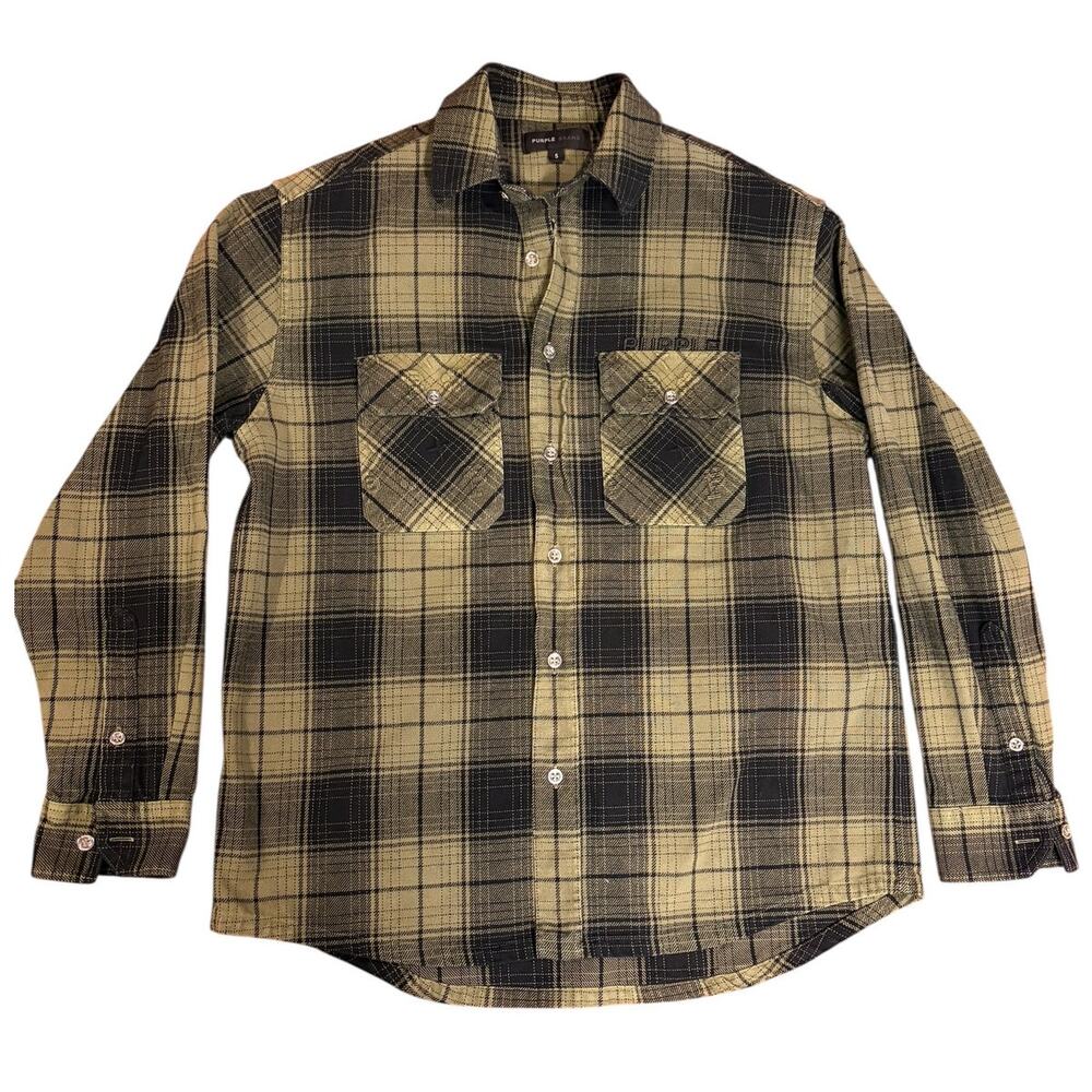 PURPLE BRAND Men's Plaid Flannel Shirt Size SMALL Green Black Heavyweight - Picture 10 of 11